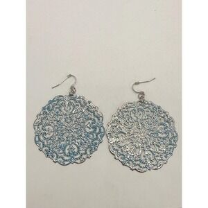 Large Silver Tone Blue Filigree Drop Earrings – Boho Ornate Mandala Dangle